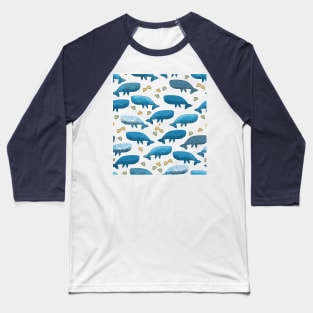 Blue whales illustration poster with pattern of whales and yellow seashells Baseball T-Shirt